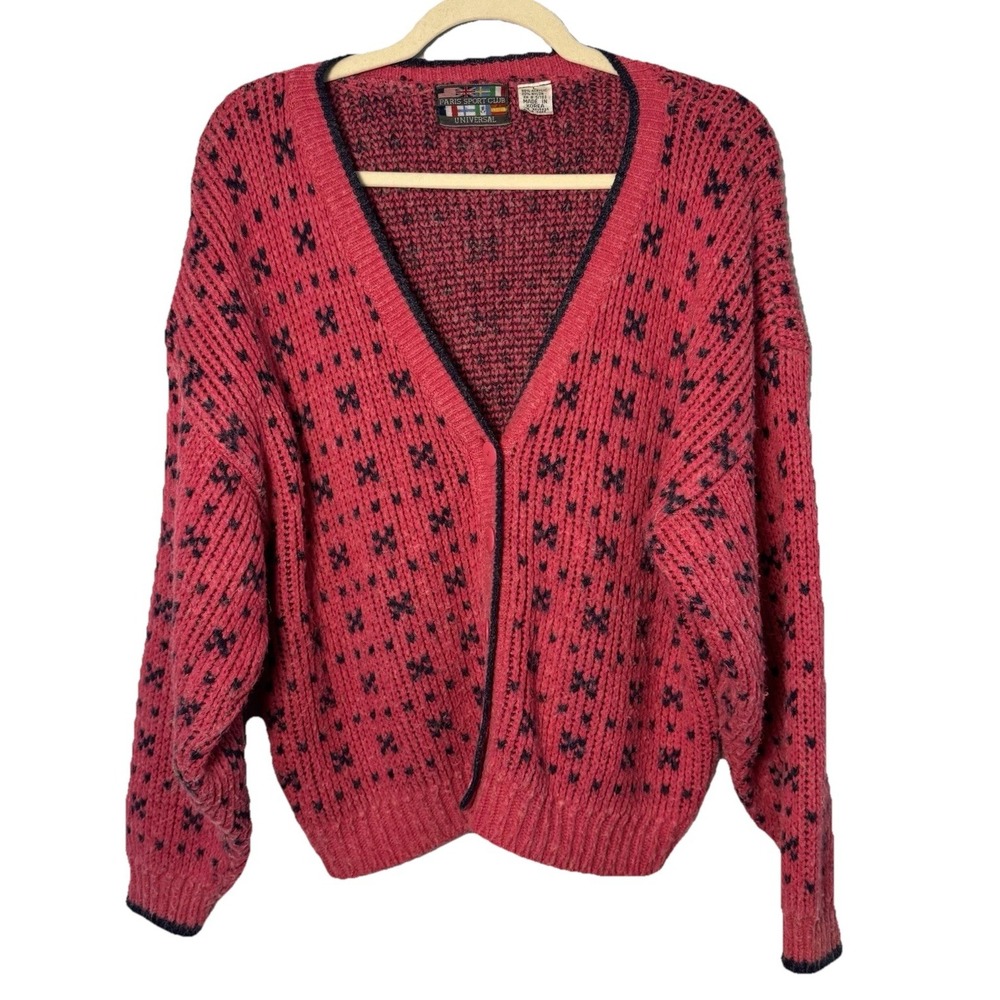 VTG 80's V-Neck Button Cardigan Paris Sport Club Pink / Navy Sz Large